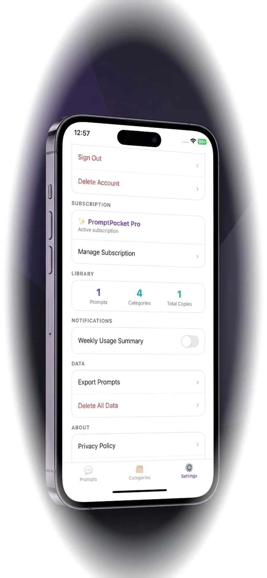 Settings screen with sync