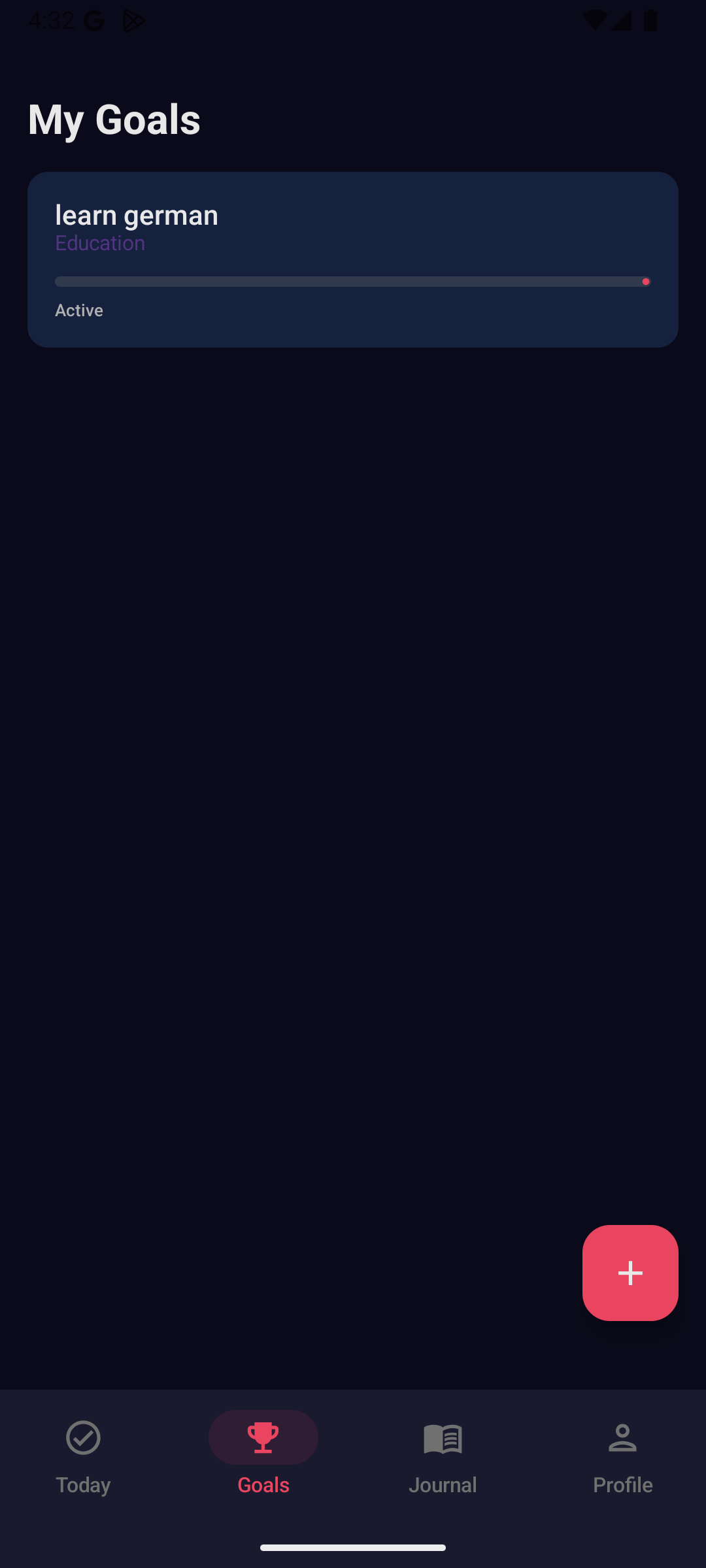 My Goals screen showing an active goal with progress tracking